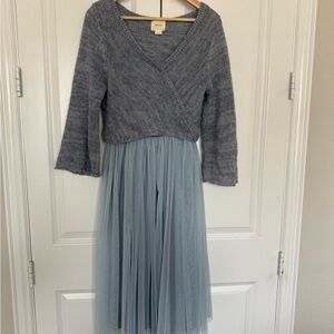 Anthropologie Gray/blue Knit Sweater w/ Blue Tulle Skirt.